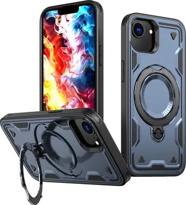 Produktbild von Dual Layer Hülle für iPhone 16e/iPhone 17e mit Ring Ständer Magnetisch Stoßfest Handyhülle Blau