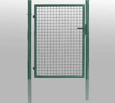 A dark green metal garden gate with a wire mesh infill, shown standing upright against a light gray background.