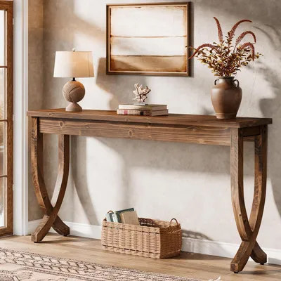 Immagine prodotto di Tavolino consolle in legno massello, 160 cm, color marrone, stile rustico, ideale come tavolino da divano per soggiorno, corridoio o ingresso
