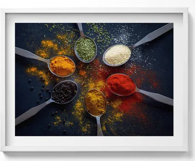 Produktbild von Küchenlöffel mit bunten Gewürzen– Wandbild mit Rahmen – Gerahmtes Bild  – Wanddekoration – 80x60 cm –  Weiß Rahmen