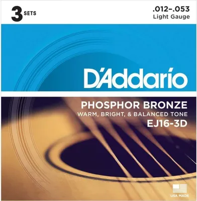 A product package for D'Addario guitar strings, featuring the brand logo and product details, with a blurred background image of a guitar.