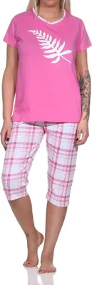 Produktbild von Eleganter Damen Capri Pyjama mit karierter ¾ Hose und Frontprint ; pink , 44