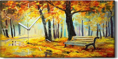 Produktbild von Wanduhr Uhr Wandbild Leinwand Quarz 60x30 Park Bäume Herbst Wald Landschaft Bank - weiße Hände