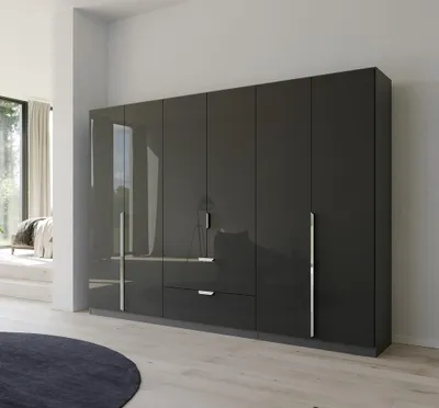 Produktbild von Kleiderschrank Drehtürenschrank Glamour | 6-türig | mit Schubkästen | effektgrau Hochglanz / grau metallic | 271x210