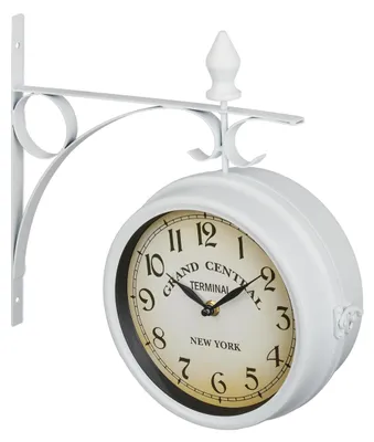 Image de Horloge de gare Relaxdays double face, New York, style rétro, à piles, analogique, horloge murale vintage décorative, H x L x P 34 x 35 x 10 cm, blanche