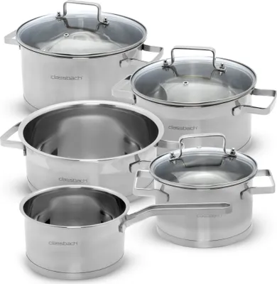 A set of stainless steel pots and pans with glass lids, arranged on a white background.