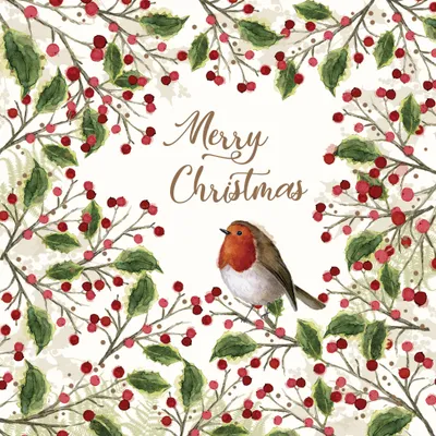 Produktbild von 20 Servietten Merry Bird - Vogel mit Beeren um Merry Christmas 33x33cm