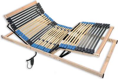 An adjustable bed frame with wooden slats and a motor.