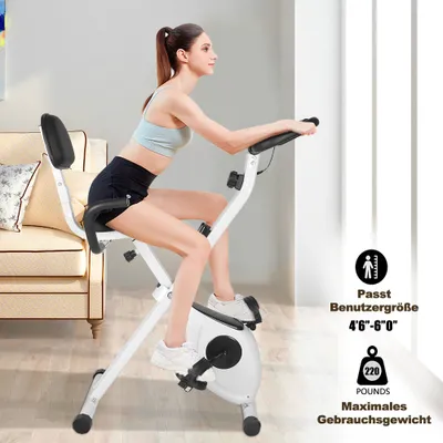 Image de Vélo d'appartement - BIGZZIA Vélo d'appartement pliable 2 en 1 avec bandes de résistance pour les bras et 8 résistances magnétiques réglables, vélo avec mesure de la fréquence cardiaque et écran LCD, équipement de fitness à domicile - noir et blanc