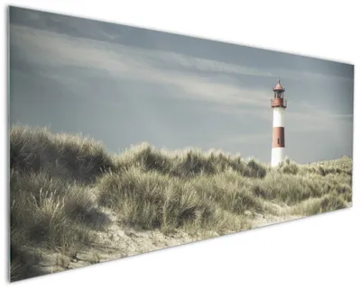 Produktbild von Wallario Küchenrückwand aus Glas, Größe: 125 x 50 cm, Motiv: Leuchtturm auf der Düne am Strand | Spritzschutz | abwischbar | pflegeleicht | in