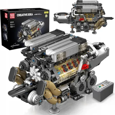 A detailed model of a W16 engine, likely a building block set, is displayed prominently with its packaging in the background.