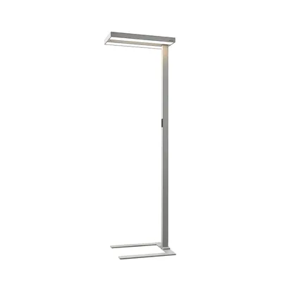 A modern LED floor lamp with a rectangular light head and a slim, silver-colored stand on a white background.