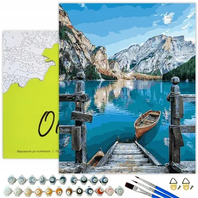 Produktbild von Oh Art! Malen nach Zahlen mit Rahmen 40x50 DIY – Bergsee mit Boot – Landschaft Motiv – Komplettset Erwachsene & Kinder – mit Holzrahmen und Pinseln