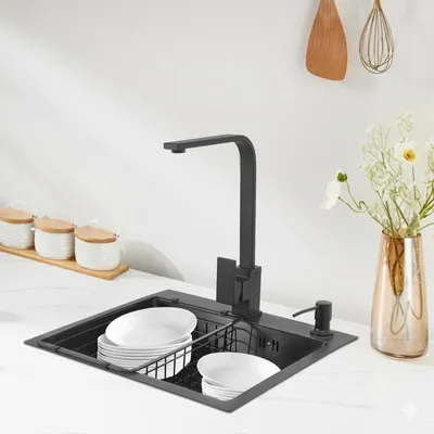 Image de Robinet de cuisine en acier inoxydable noir - Double trou - Acier inoxydable 201 - Design moderne - Robinet pour évier