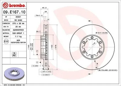 Produktbild von 2x BREMBO Bremsscheibe 09.E167.10 für NISSAN Cabstar (F24M F24W) 45mm 276mm