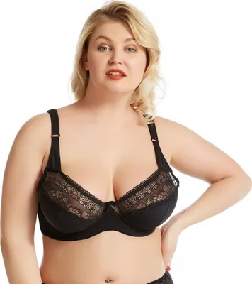 Obrázok produktu pre Dámska plus size podprsenka s kosticami, mäkké košíčky, nastaviteľné ramienka, hladká, čipka (Black 38G/85G)