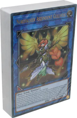 A deck of Yu-Gi-Oh cards, specifically the 'Nordischer Aufstieg Gullveig' card, is shown in its packaging.