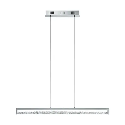 A modern pendant light fixture with a rectangular frame containing crystals, suspended by thin wires from a ceiling mount.