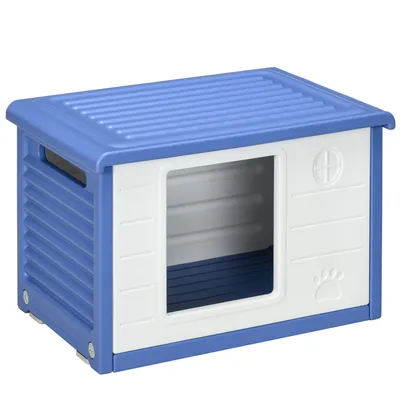 Image de PawHut Niche pour chien extérieure abri pour chiots en plastique maison pour chiens avec bouches d'aération résistante à l'eau dim. 60L x 42l x 40H cm bleu et blanc