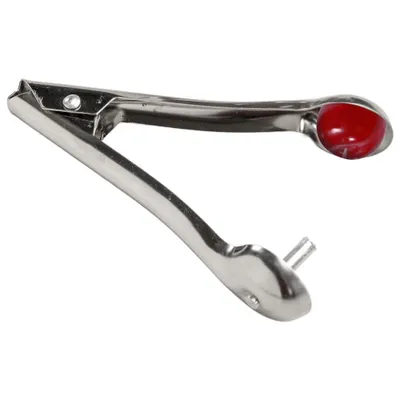 A cherry pitter tool on a white background.