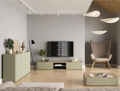 Produktbild von Wohnzimmer Set in Grün mit Eiche 220 cm Lowboard, Couchtisch, Kommode, 3-teilig - ELOY-141