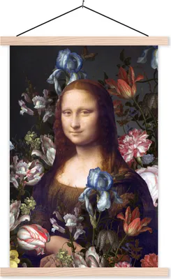 Produktbild von MuchoWow® Textilposter Mona Lisa - Leonardo da Vinci - Blumen 120x180 cm mit holzfarbenen Rahmen - Textil-Plakat