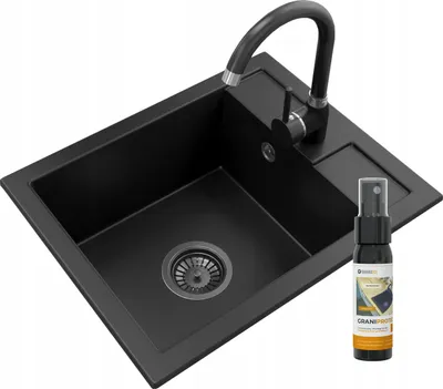 Obrázek produktu pro Granitan | Granitový dřez – BEST – 1 vanička – s černou baterií – se sifonem – černý – 50 x 40 cm – pro skříňky od 40 cm