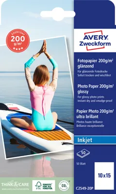 Produktbild von Avery Zweckform C2549-20P Everyday Inkjet Fotopapier, 10x15, einseitig beschichtet, 200 g/m², 50 Blatt
