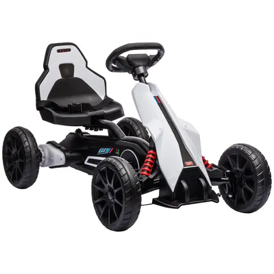 Produktbild von HOMCOM Go-Kart, Elektroauto für Kinder von 3 bis 8 Jahren, Kart mit 12-V-Batterie, einstellbare Geschwindigkeit 3–5 km/h und Sicherheitsgurtlast 30 kg, für den Außenbereich, 100 x 58 x 58,5 cm, Weiß
