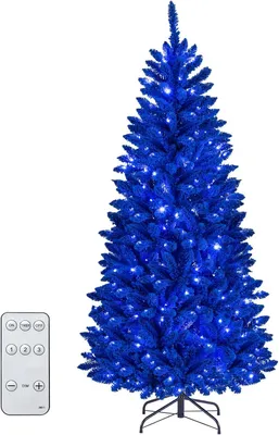 Productafbeelding van COSTWAY Kunstkerstboom met sneeuw, 180 cm, kerstboom met 250 blauwe LED-lampjes, 3 lichtmodi, 4 helderheidsniveaus, timer, 588 takken en voet