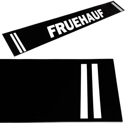 Produktbild von Kotflügel / Schutzbleche hinten, 40x240cm, Fruehauf, mit weißer Schrift und Streifen auf schwarzem Grund, aus strapazierfähigem Gummi