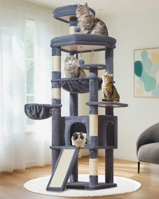 Produktbild von Kratzbaum für große Katzen XXL, 183 cm, 5 Sisal-Kratzstämme, großes Plattform, Höhlen, Hängematte, Plüschbälle