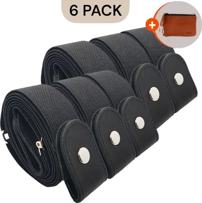 Obrázek produktu pro Pás bez přezky, uni, černý pás bez přezky, 6 kusů elastických, nenápadných pásů pro džíny, nastavitelný od 70 cm do 115 cm.