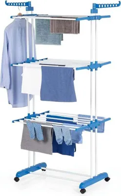 Immagine prodotto di EASYmaxx Stendibiancheria a 3 ripiani con rotelle - 63x76x173 cm - bianco/blu