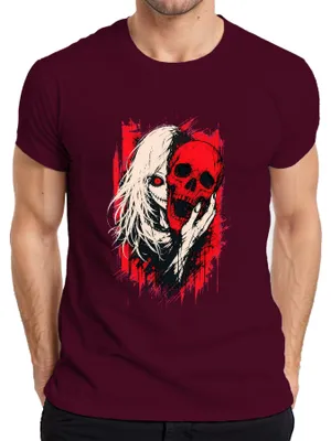 Produktbild von Horror Anime Girl Roter Totenkopf Skull Gothic Grunge Japan Manga Herren T-Shirt, Burgundy, XXL