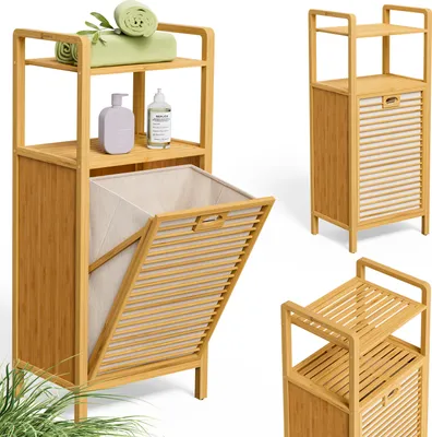 A bamboo bathroom shelf unit with a laundry basket and two shelves, displayed from multiple angles.