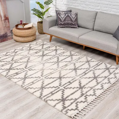 Produktbild von Hochflor Teppich Shaggy Creme 80x250 cm - Ethno-Rautenmuster, Kettfäden - Flauschiger Wohnzimmerteppich
