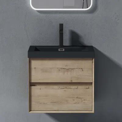 Produktbild von doporro Badmöbelset Waschbecken-Unterschrank mit Soft-close in Eiche Greige Wandhängender Badezimmerunterschrank 60cm inkl. matt Anthrazit Mineralguss-Waschbecken Rimo