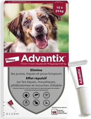 Zdjęcie produktu dla Advantix przeciw pasożytniczym ukąszeniom psów, dla psów, 10-25 kg, zestaw 4 sztuk