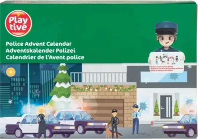 A police-themed advent calendar with a scene of police cars and officers in front of a building.