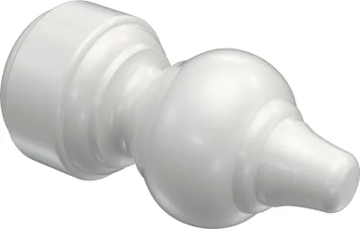 A white decorative end cap for a curtain rod, shown in isolation.