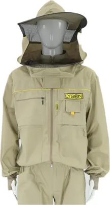 Produktbild von LYSON Imkerbluse mit abnehmbarem Hut/Imkerjacke mit Handstulpen mit Daumenloch Uni Imkerbluse belüftet Professionelle Imkerbekleidung Imkerjacke mit Reißverschluss PREMIUM(S, Beige)