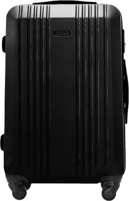 A black suitcase is shown from the front on a white background.