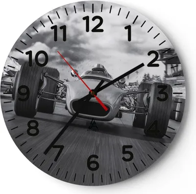 Produktbild von Wanduhr - Rund - Glasuhr - Formel 1 Schwarz und Weiß - 40x40cm - Schleichendes Uhrwerk - Lautlos - zum Aufhängen bereit - Dekoration Modern - Wanddekoration aus Glas - C4AR40x40-4127