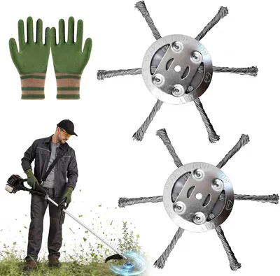 Produktbild von 2 Rasentrimmer mit Stahlkabel, Handschuhe, Unkrautbürste für Rasentrimmer, Rasentrimmer-Zubehör, Häcksler-Zubehör, Rasentrimmer-Messerkopf für den Garten