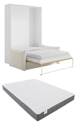 Produktbild von Schrankbett 140 x 200 cm – Manuelles vertikales Öffnungssystem – Natur und Weiß + Matratze + Sofa – BEGANIO