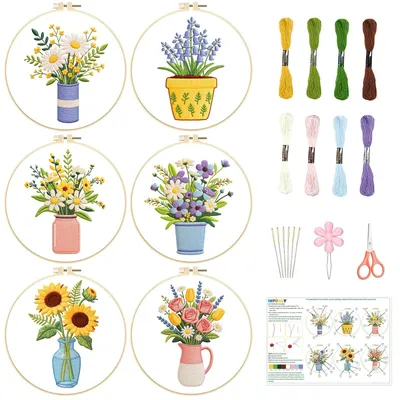 Produktbild von 6 Sets Blumen-Vase Stickpackungen für Anfänger mit Anleitungen