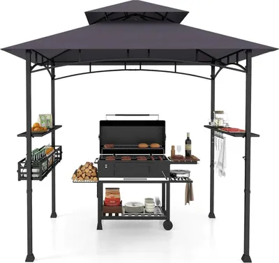 Zdjęcie produktu dla Altana grillowa – zadaszenie do grilla – podwójny dach – półki boczne – metalowy kosz – haczyki – poliester – ciemnoszary