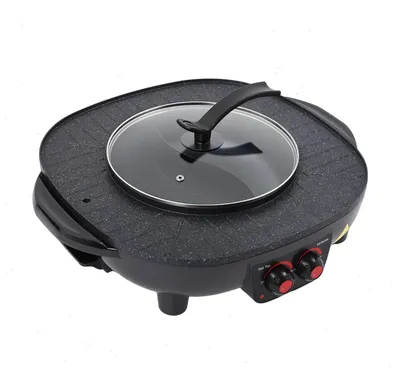 Produktbild von Multifunktionaler Elektrotopf - BBQ und Hot Pot Tischgrill - 42 cm, 3 L, 2000 W, Antihaftbeschichtung, Glasdeckel, für 5–6 Personen - schwarz