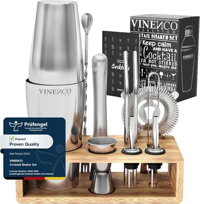 Produktbild von Cocktail-Shaker-Set im Boston-Stil mit Holzunterteil + Rezeptbuch: 13-teiliges Premium-Barkeeper-Set aus Edelstahl